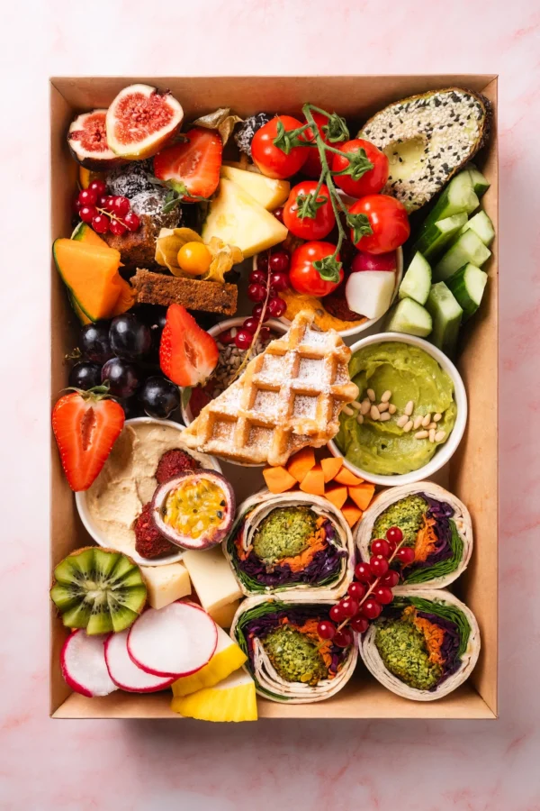 Vegetarische Brunch Box aus Wien mit frischem Obst, Hummus, Falafel-Wraps, Avocado, Waffel, Käse und Gemüsesticks – ideal für gesunden Brunch oder Catering.
